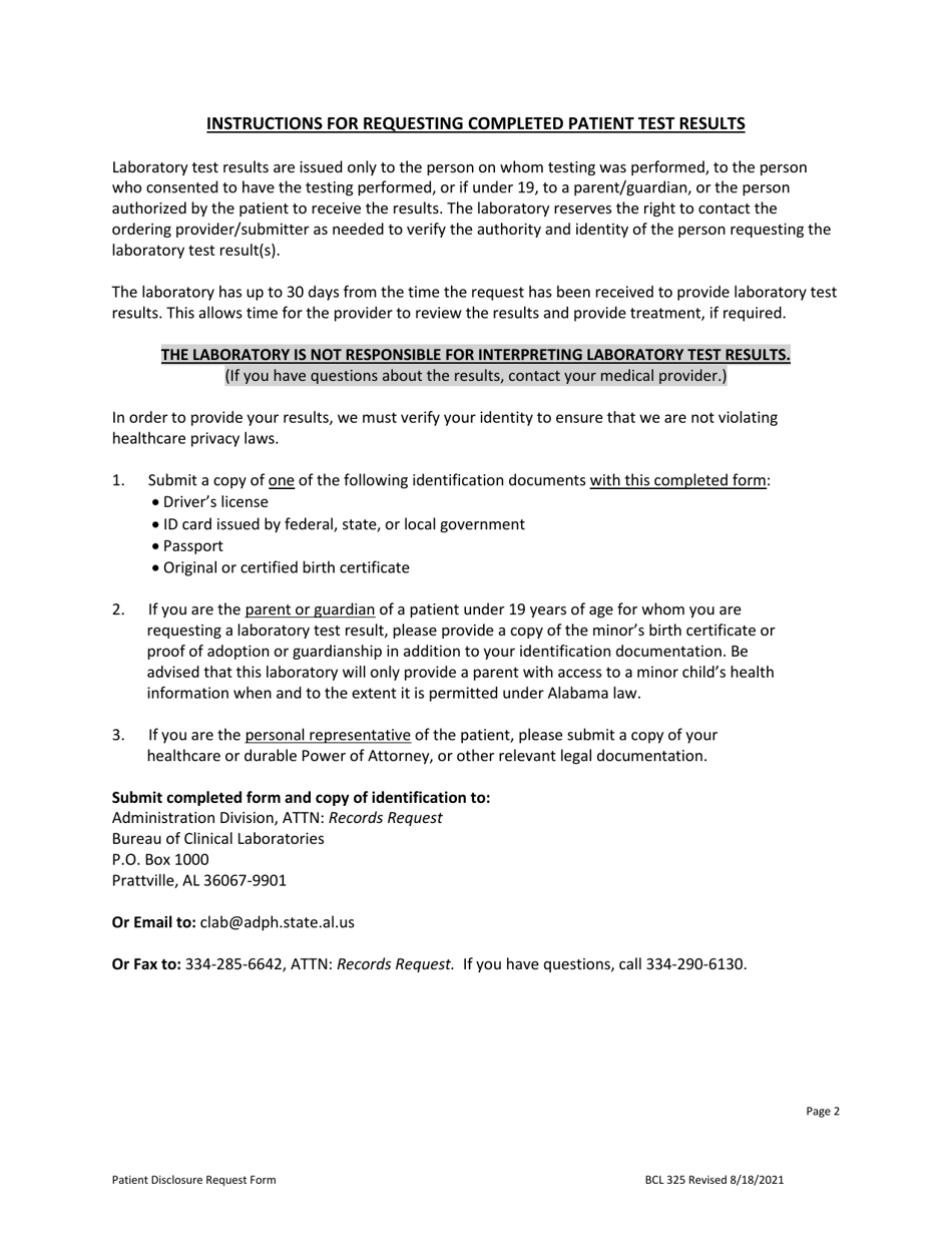 Form BCL325 Patient Request for Release of Completed Laboratory Results - Alabama, Page 2