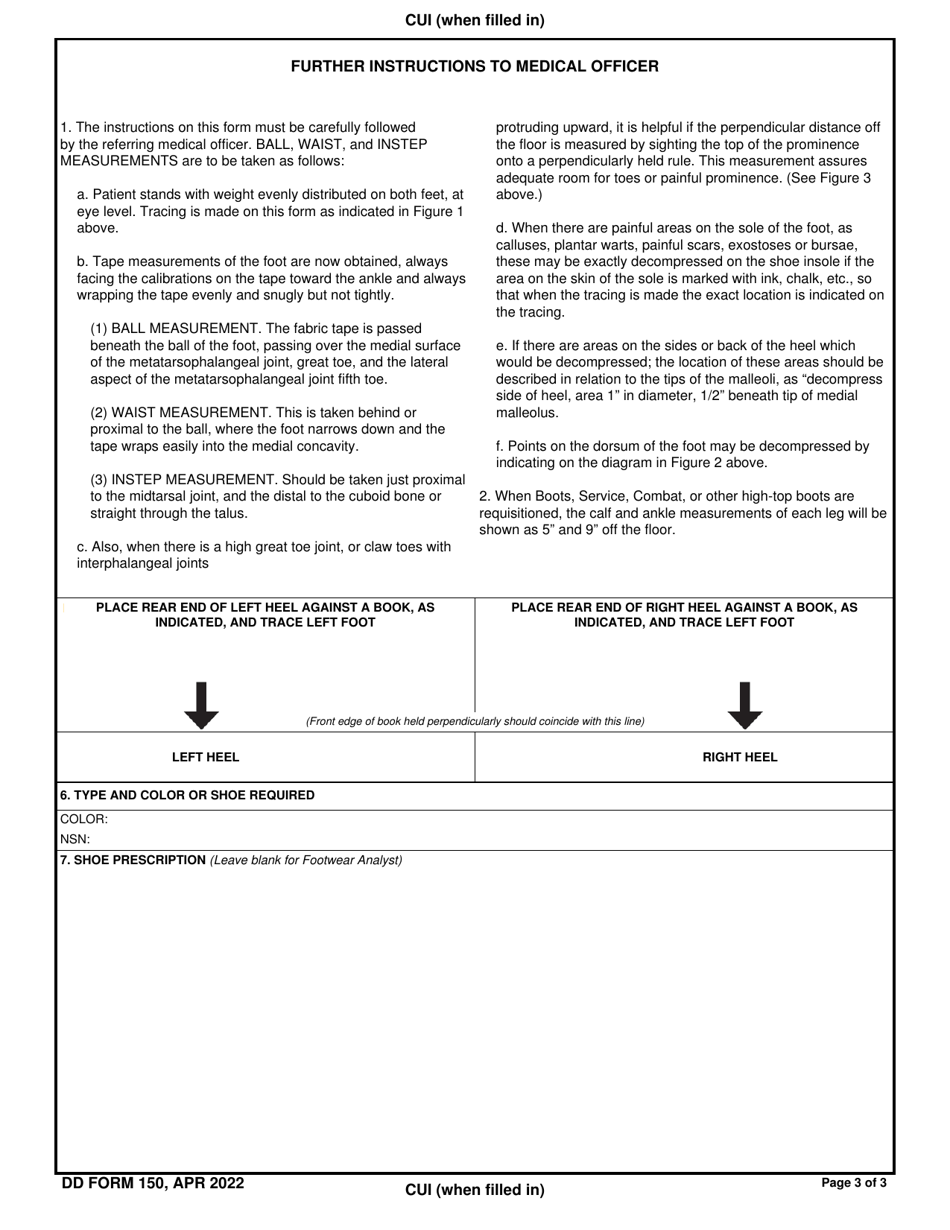 DD Form 150 Special Measurements Blank for Special Measurement / Orthopedic Boots and Shoes, Page 3