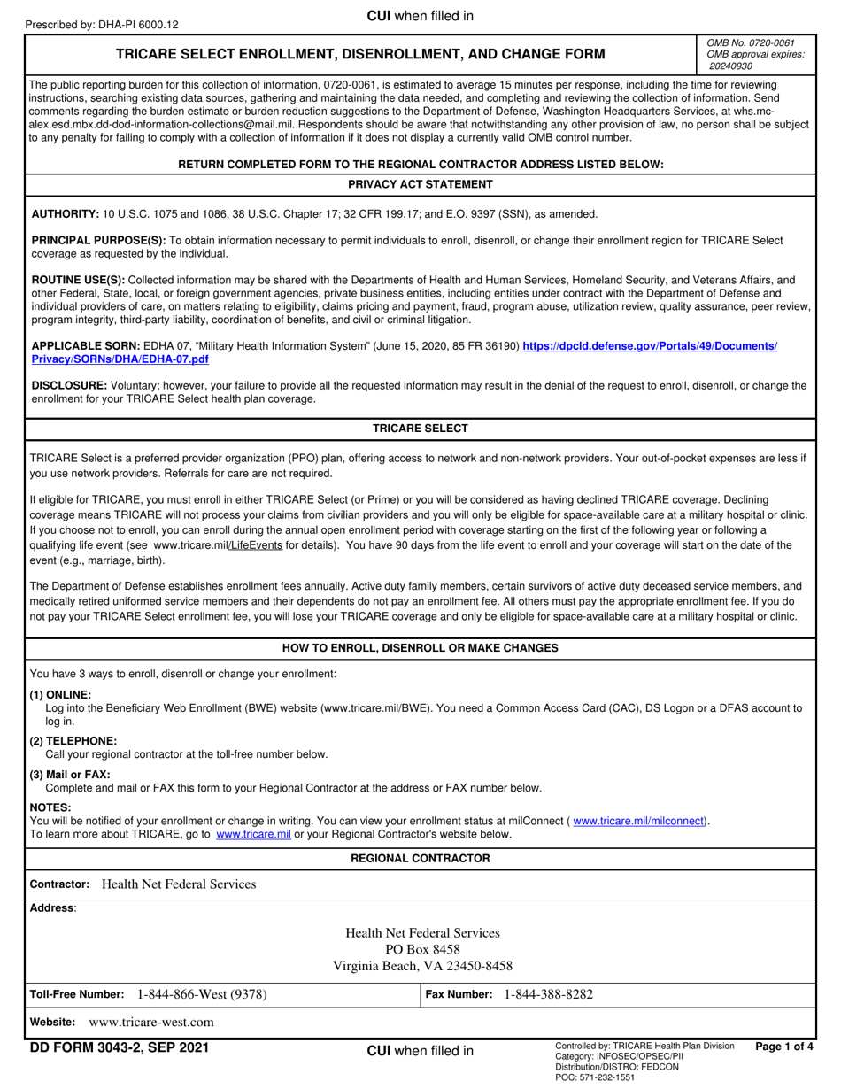 DD Form 3043-2 TRICARE Select Enrollment, Disenrollment, and Change Form (West), Page 1