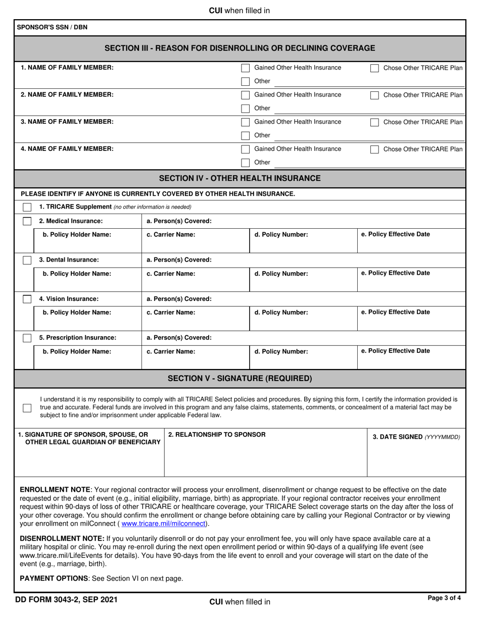 DD Form 3043-2 TRICARE Select Enrollment, Disenrollment, and Change Form (West), Page 3