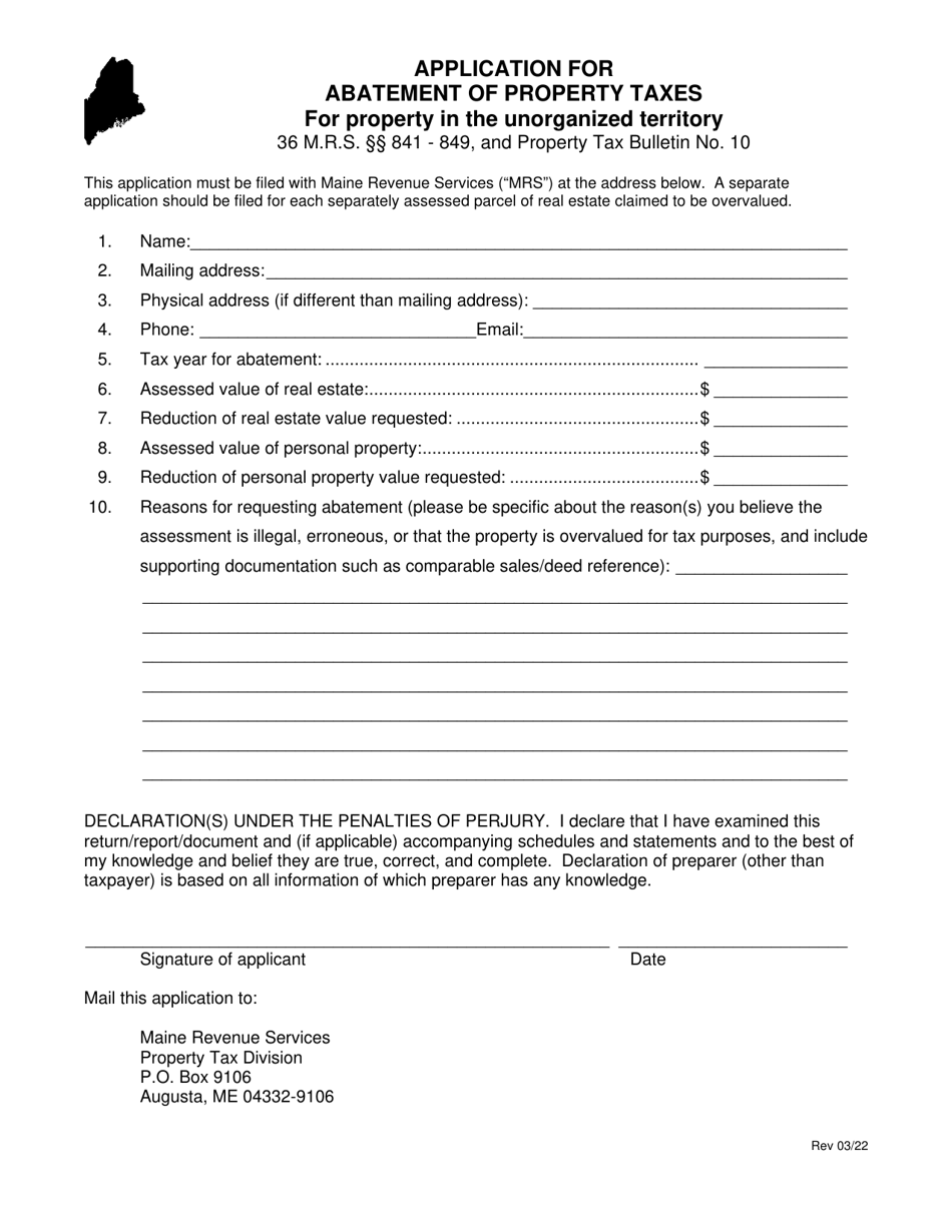 Application for Abatement of Property Taxes for Property in the Unorganized Territory - Maine, Page 1