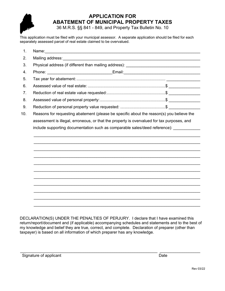 Application for Abatement of Municipal Property Taxes - Maine, Page 1