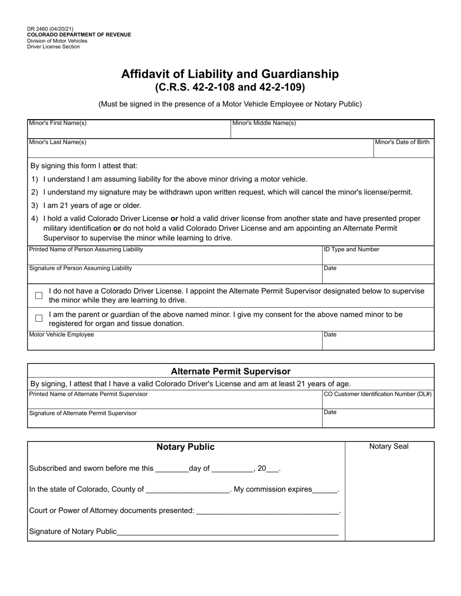 Form DR2460 Affidavit of Liability and Guardianship - Colorado, Page 1