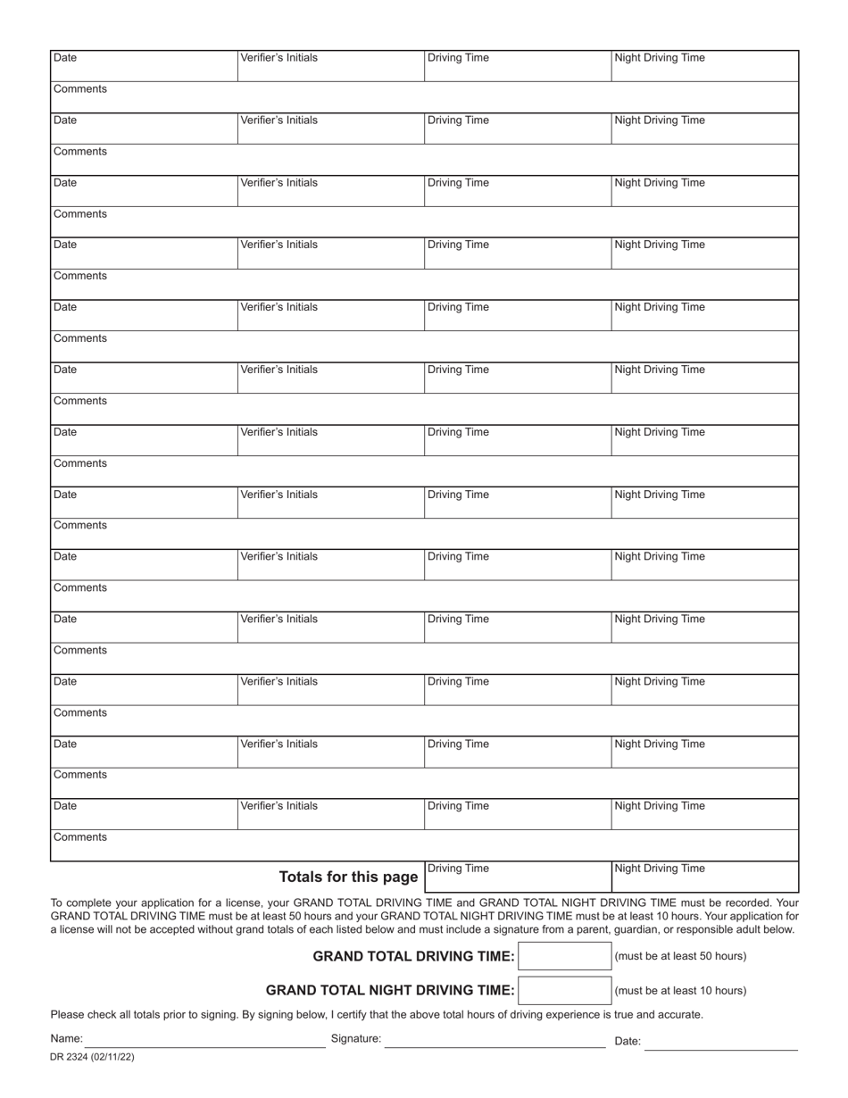 Form DR2324 Drive Time Log Sheet - Colorado, Page 2