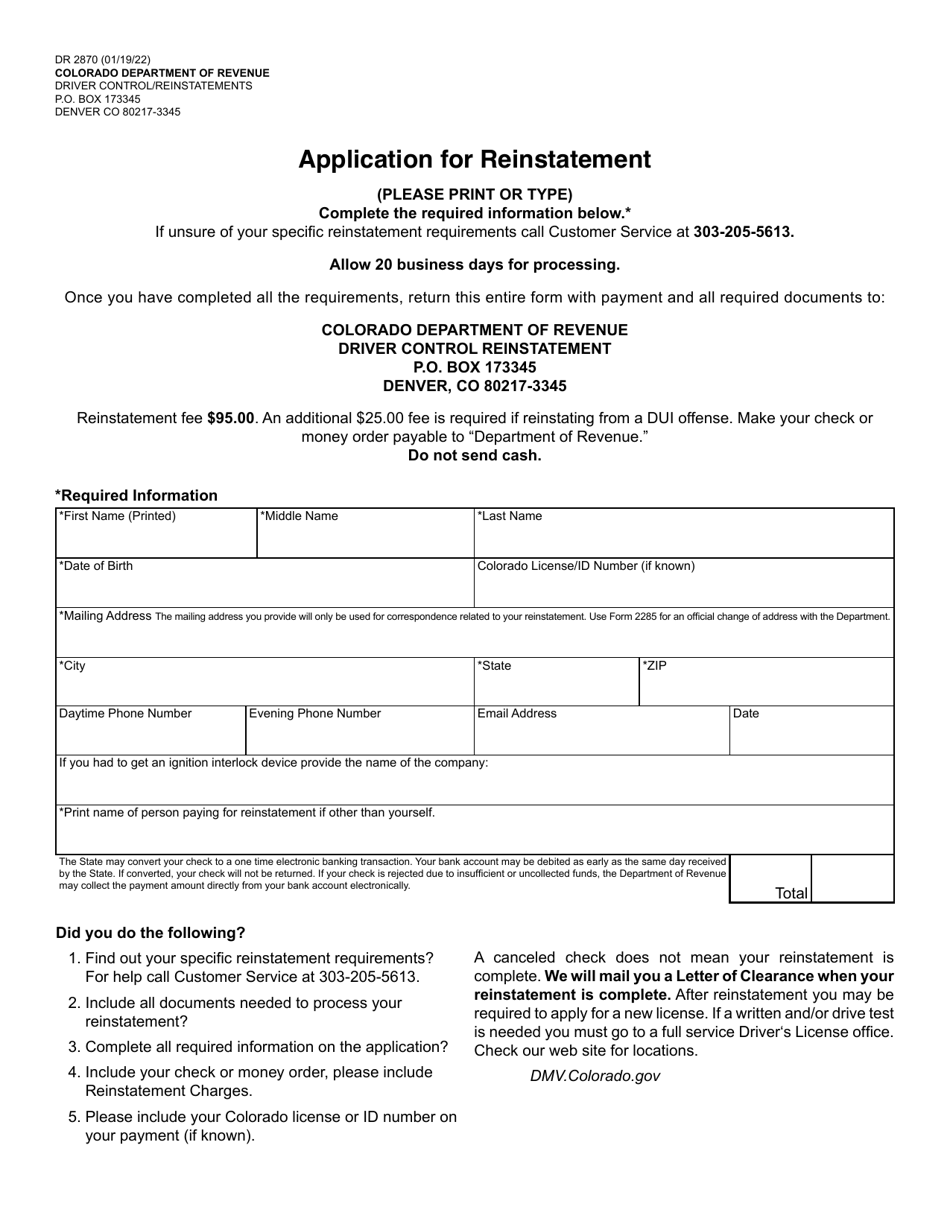Form DR2870 Application for Reinstatement - Colorado, Page 1
