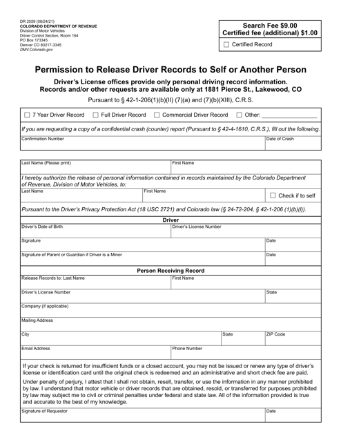 Form DR2559 Permission to Release Driver Records to Self or Another Person - Colorado