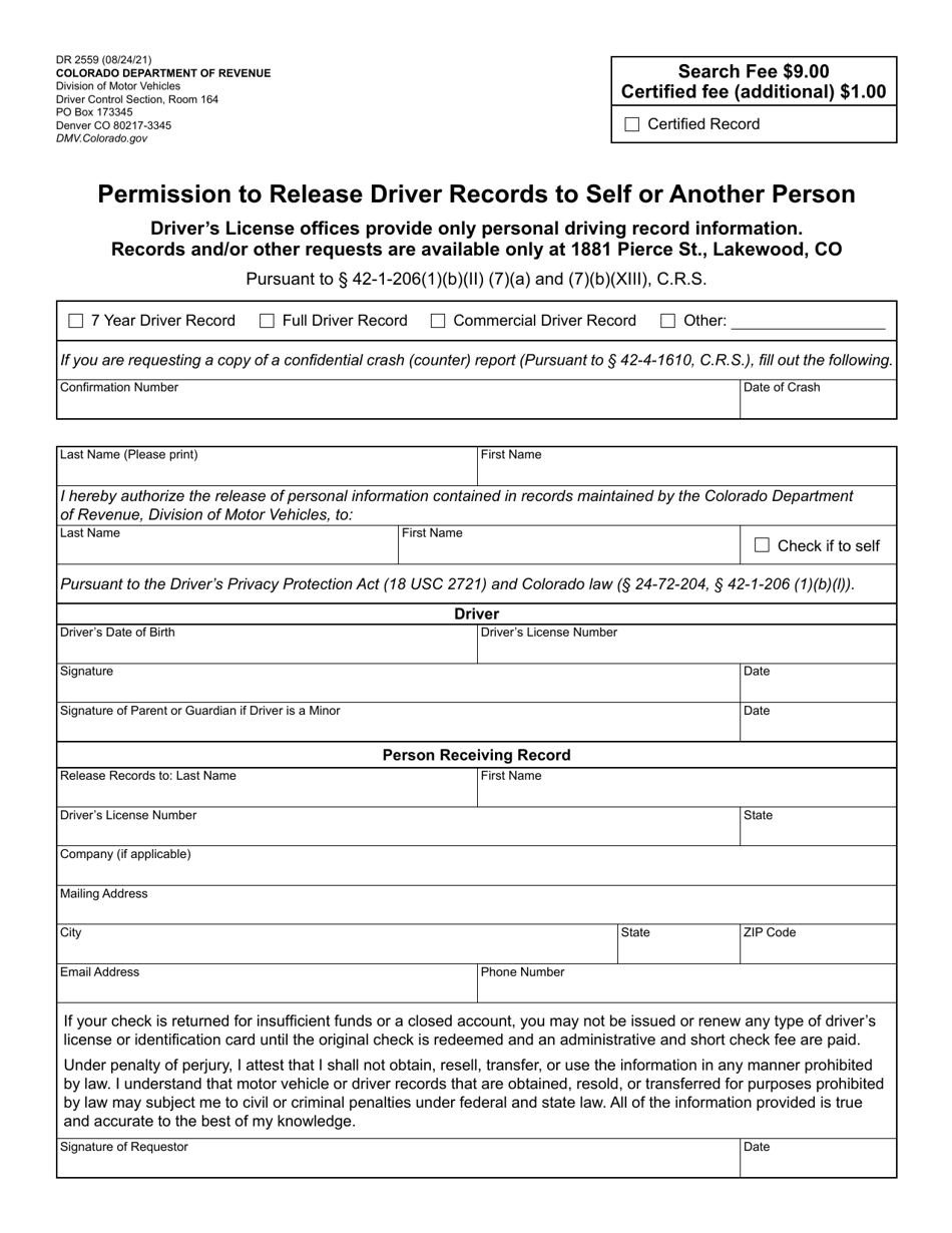 Form DR2559 Permission to Release Driver Records to Self or Another Person - Colorado, Page 1