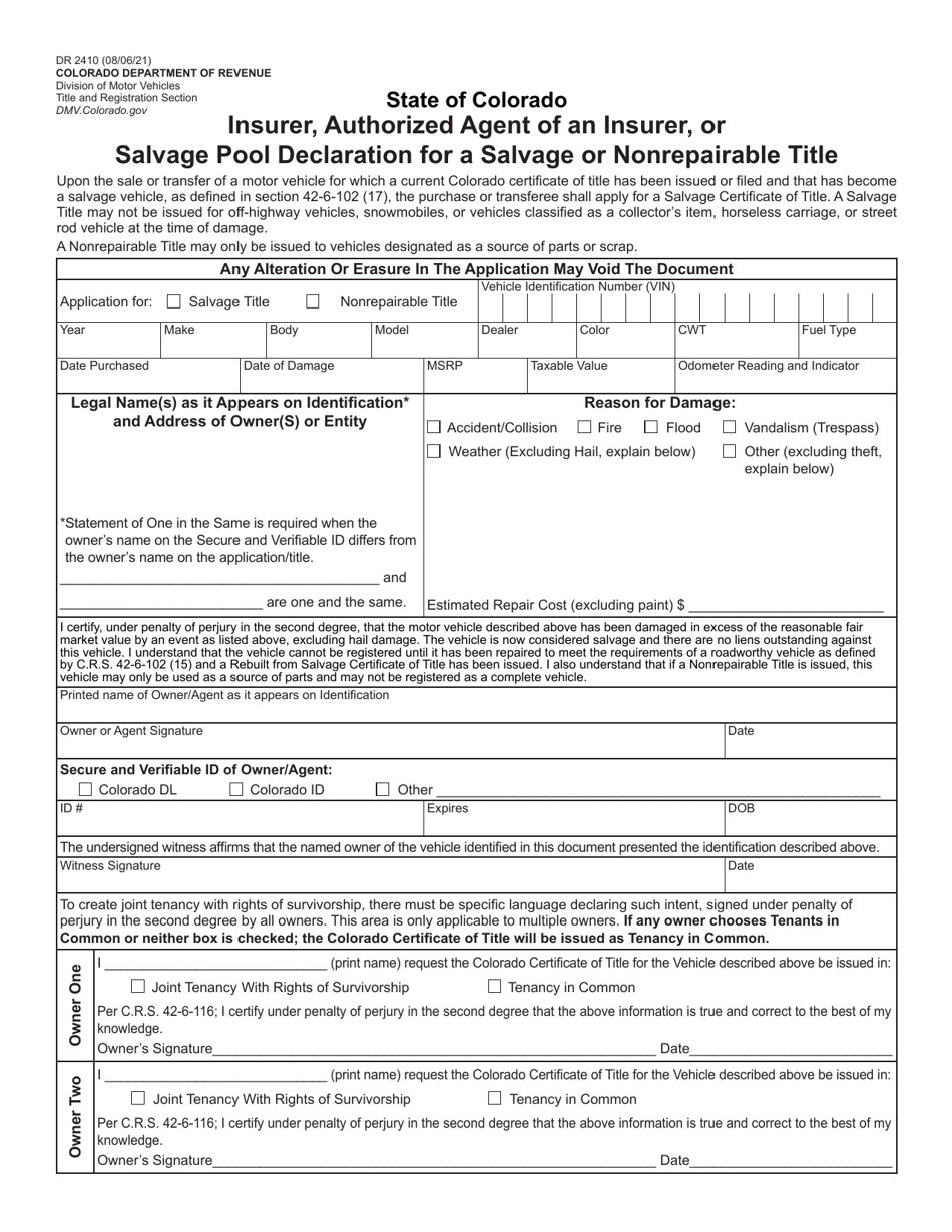 Form DR2410 Insurer, Authorized Agent of an Insurer, or Salvage Pool Declaration for a Salvage or Nonrepairable Title - Colorado, Page 1