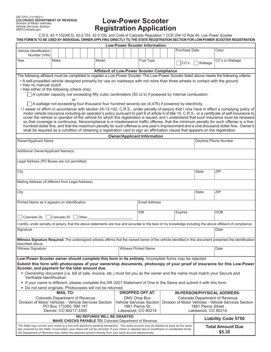 Form DR2701 Low-Power Scooter Registration Application - Colorado, Page 1
