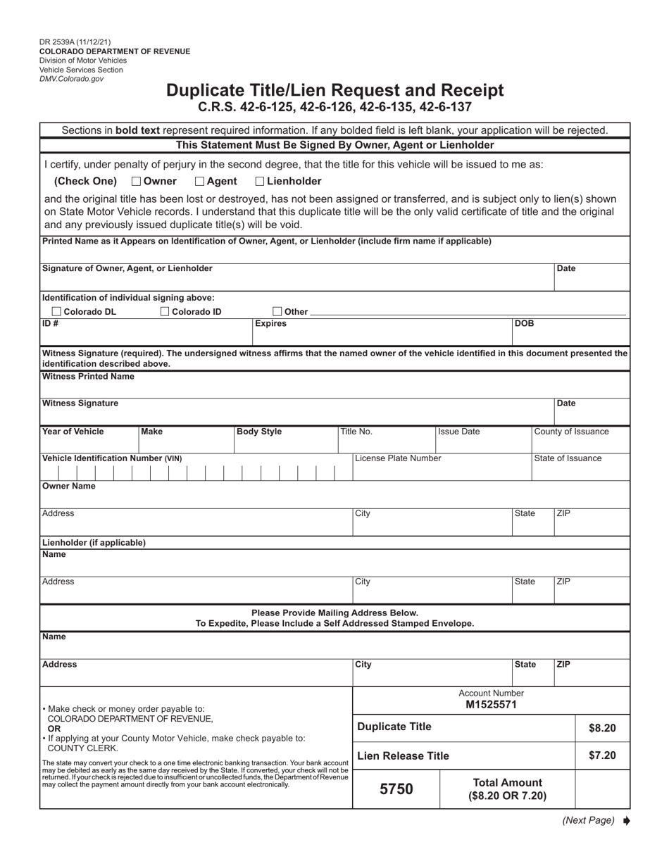 Form DR2539A Duplicate Title/Lien Request and Receipt - Colorado, Page 1