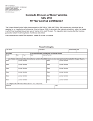 Form DR2172 &quot;Cdl Unit 10 Year License Certification&quot; - Colorado