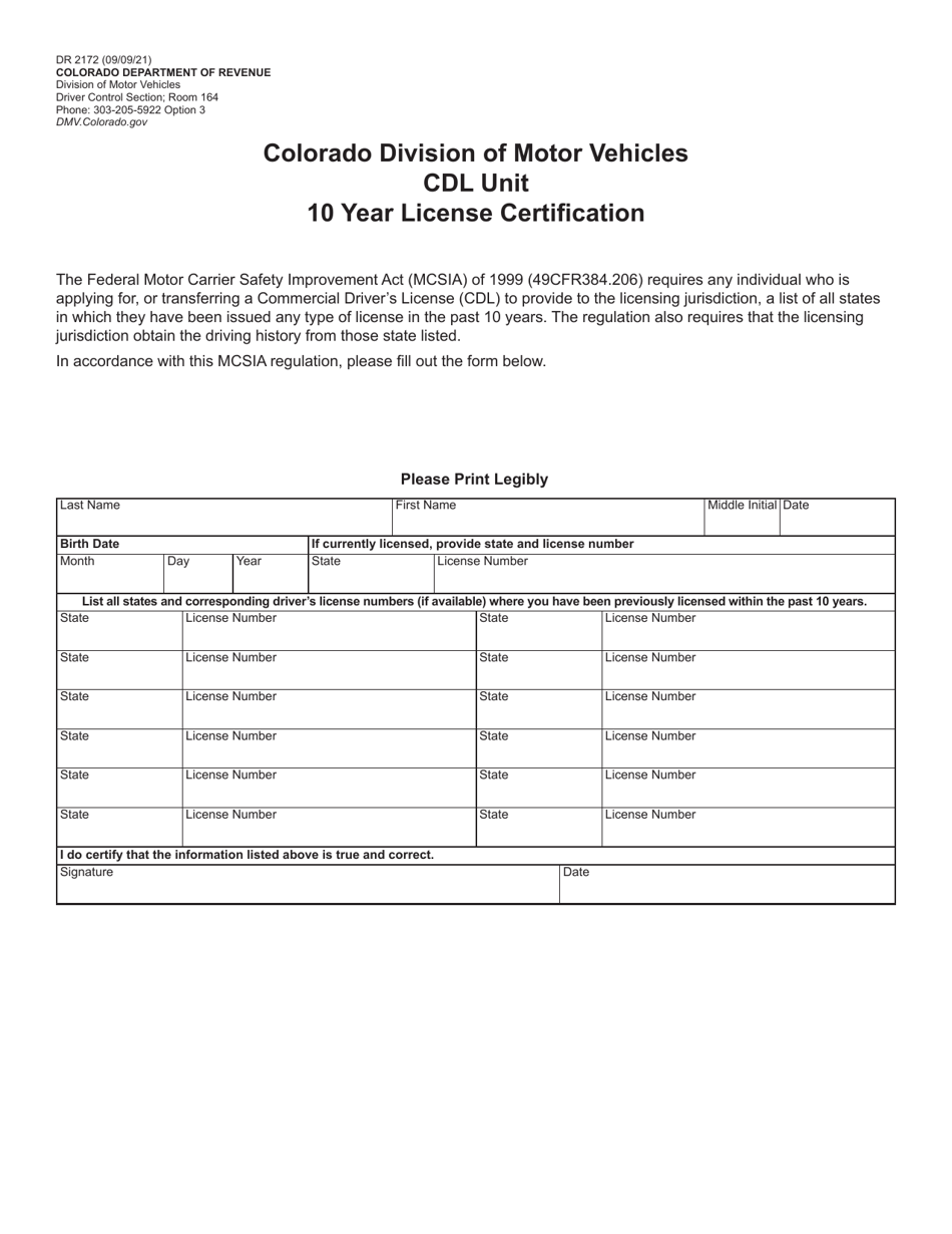 Form DR2172 Cdl Unit 10 Year License Certification - Colorado, Page 1