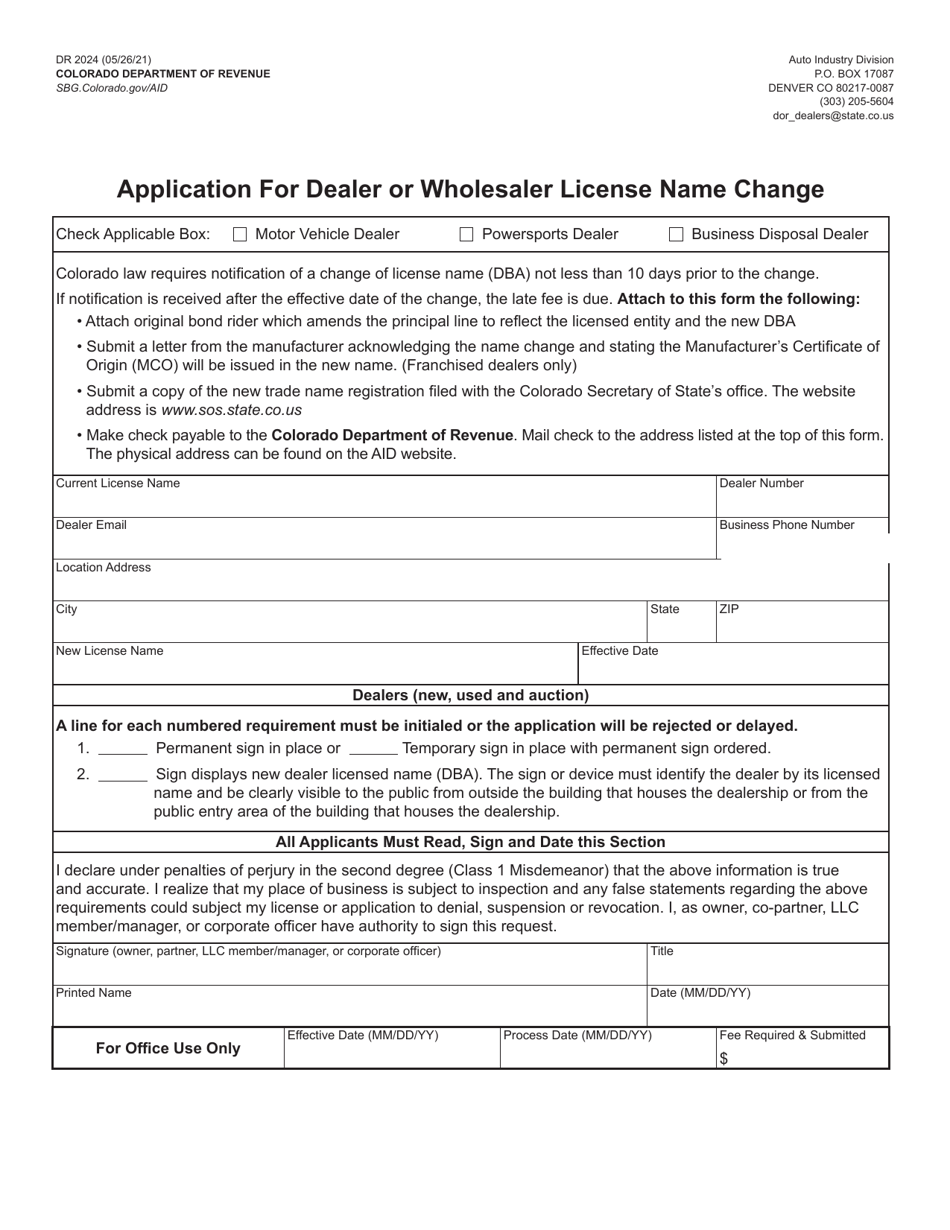Form DR2024 Application for Dealer or Wholesaler License Name Change - Colorado, Page 1