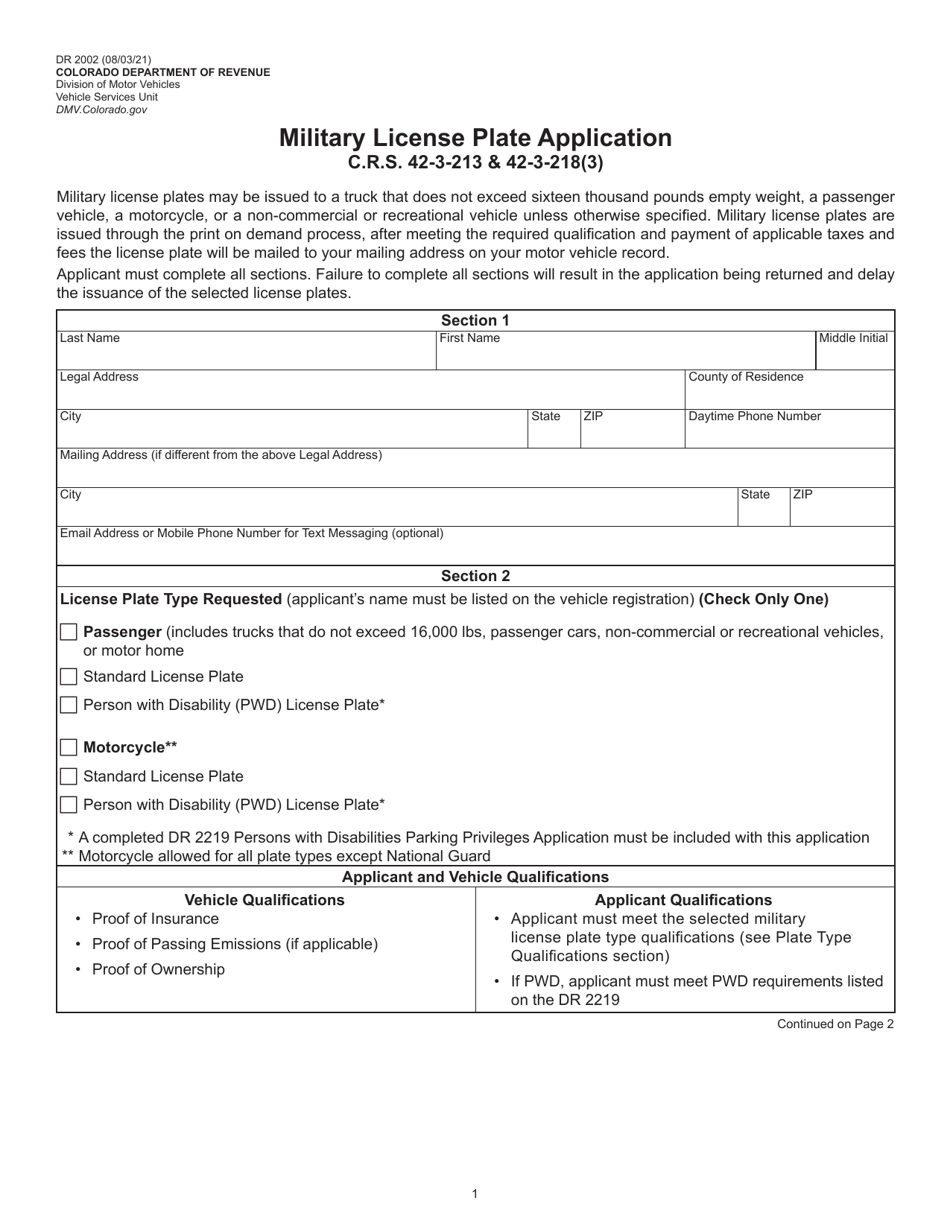 Form DR2002 Military License Plate Application - Colorado, Page 1