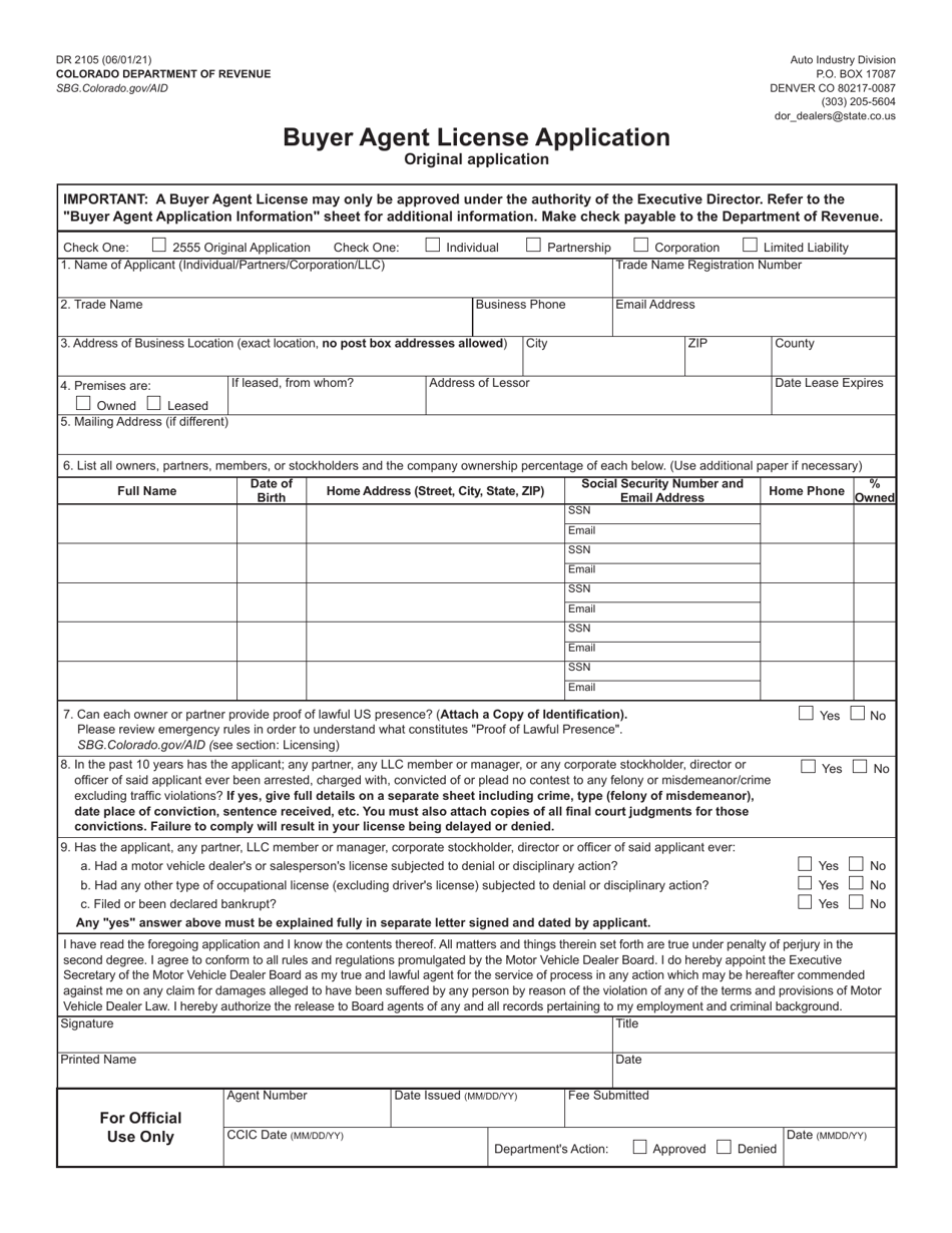 Form DR2105 Buyer Agent License Application - Colorado, Page 1