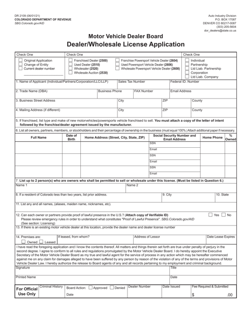 Form DR2109 Dealer/Wholesale License Application - Colorado