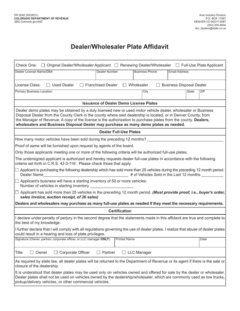 Form DR2640 Dealer/Wholesaler Plate Affidavit - Colorado