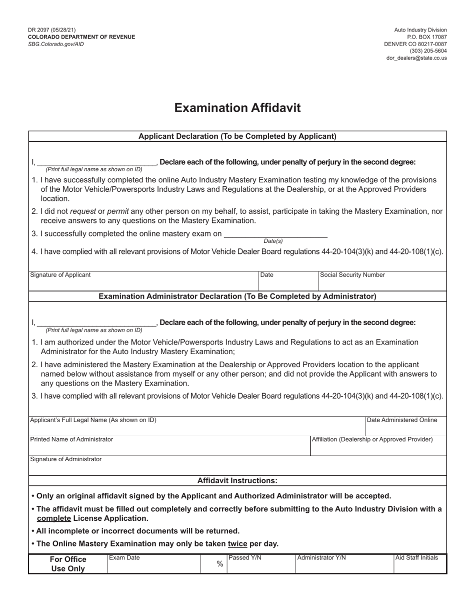 Form DR2097 Examination Affidavit - Colorado, Page 1
