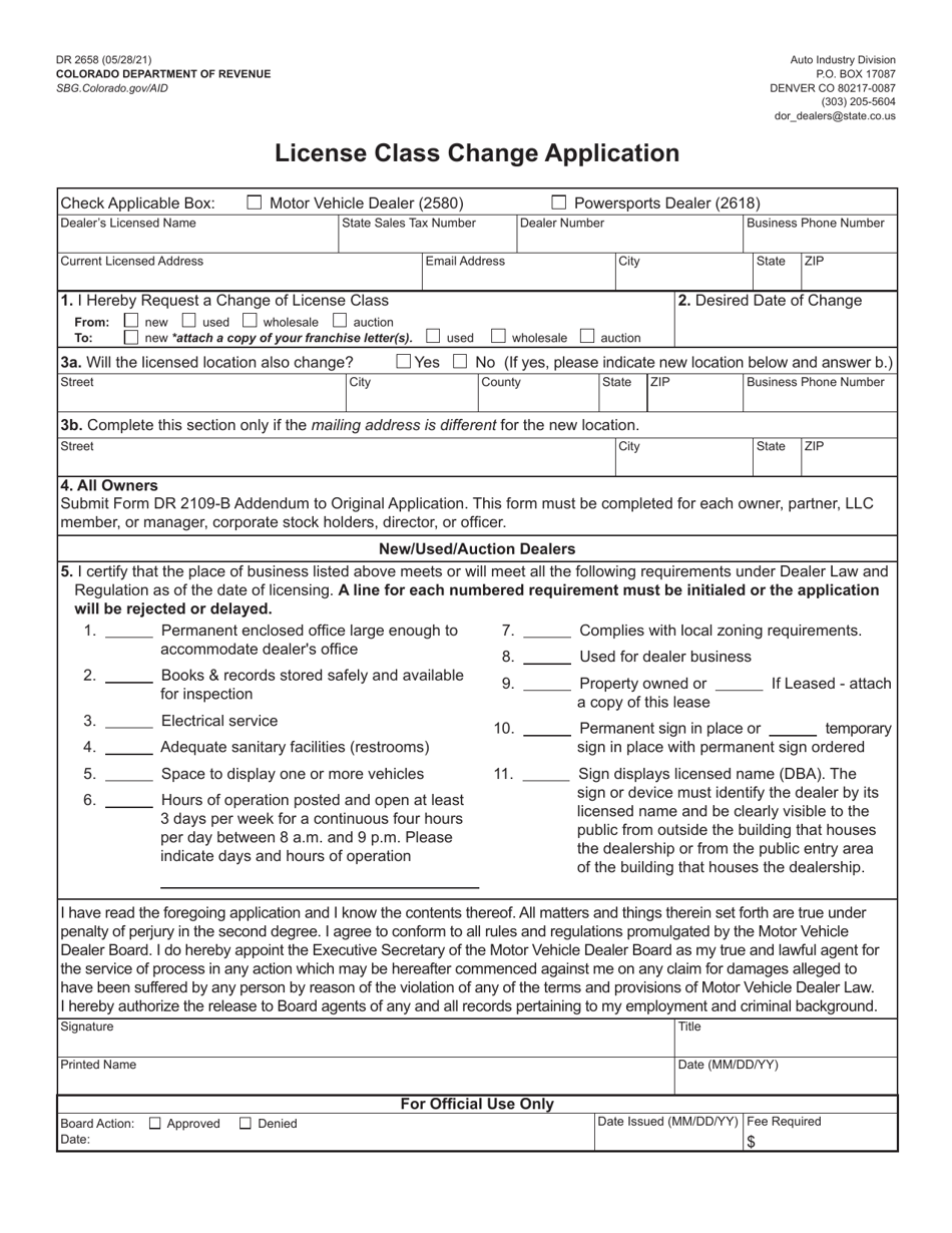 Form DR2658 License Class Change Application - Colorado, Page 1