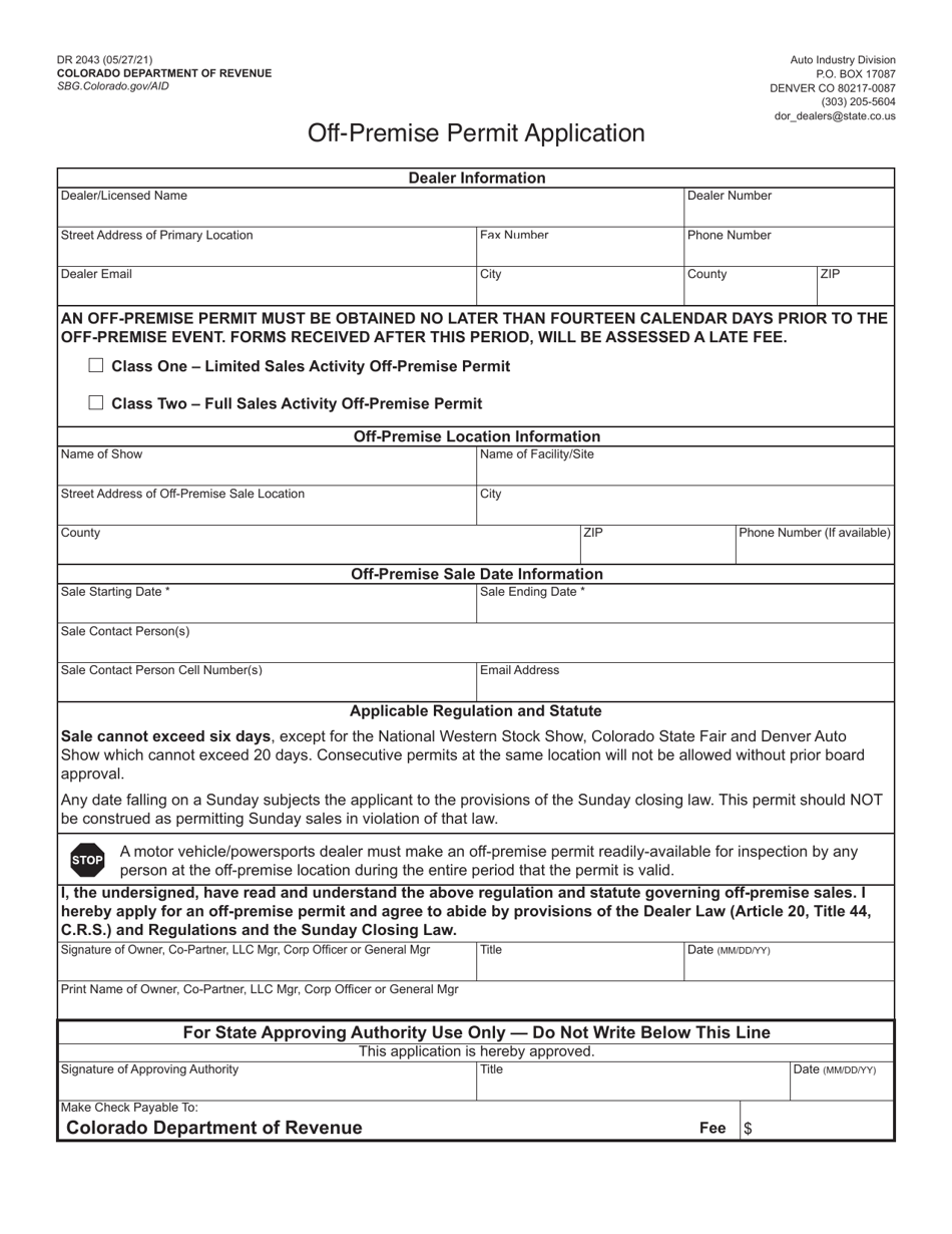 Form DR2043 Off-Premise Permit Application - Colorado, Page 1
