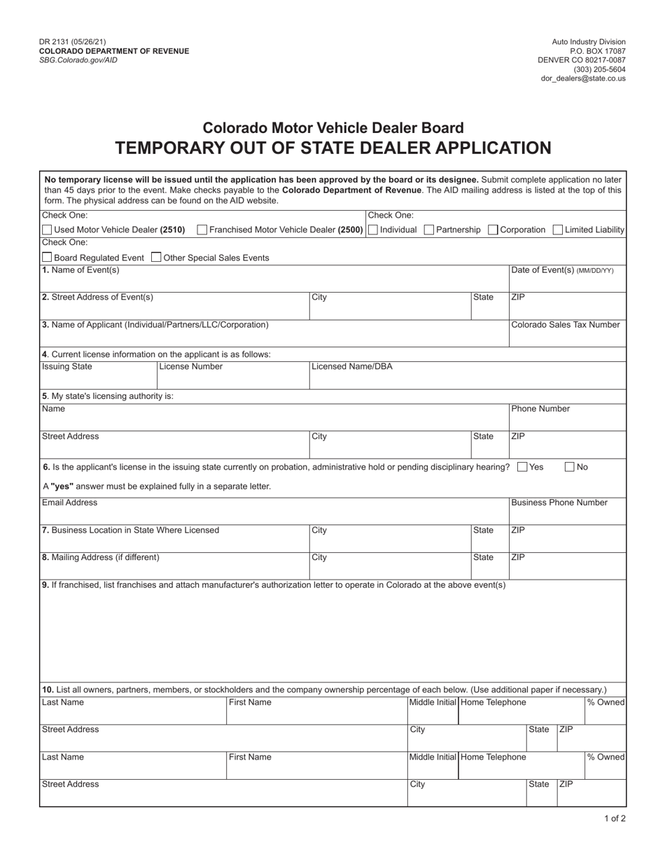 Form DR2131 Temporary out of State Dealer Application - Colorado, Page 1