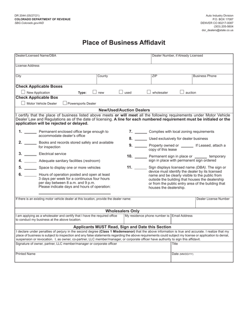Form DR2044 Place of Business Affidavit - Colorado