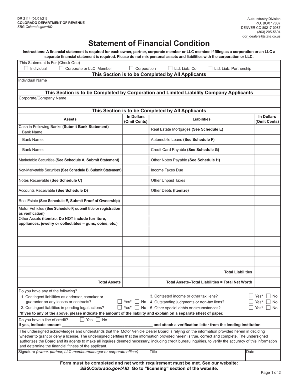 Form DR2114 Statement of Financial Condition - Colorado, Page 1