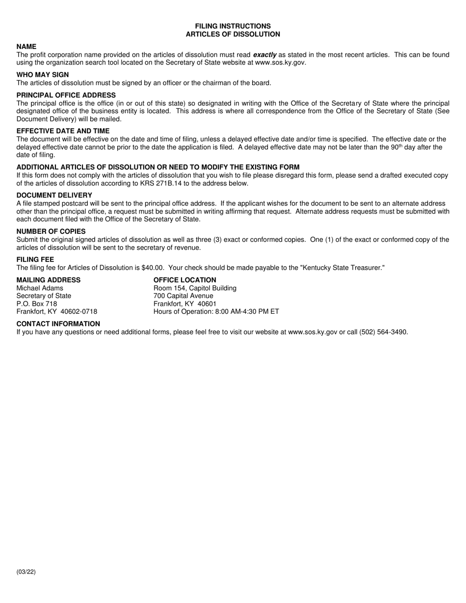 Form DIS Articles of Dissolution (Profit Corporation) - Dissolution by Board of Directors or Shareholders - Kentucky, Page 2