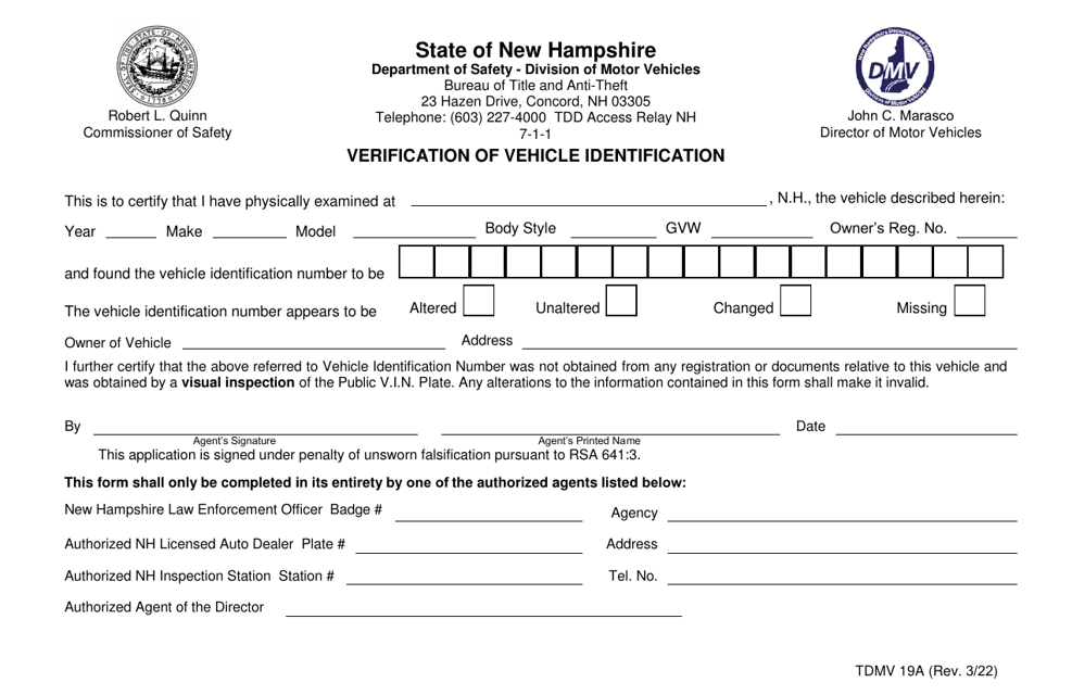 Form TDMV19A Verification of Vehicle Identification - New Hampshire