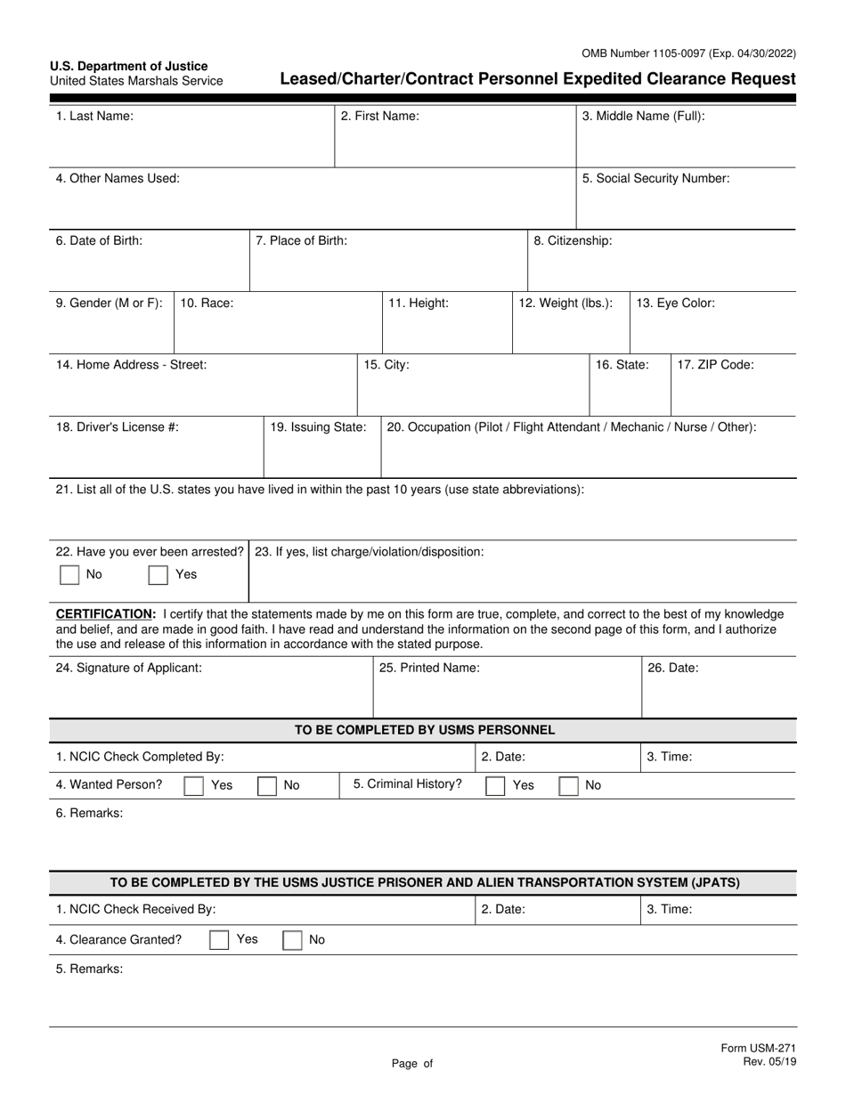 Form USM-271 Leased / Charter / Contract Personnel Expedited Clearance Request, Page 1