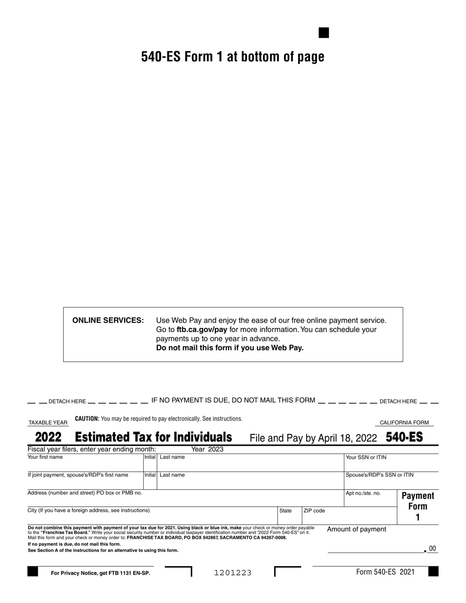 Form 540ES Download Fillable PDF or Fill Online Estimated Tax for