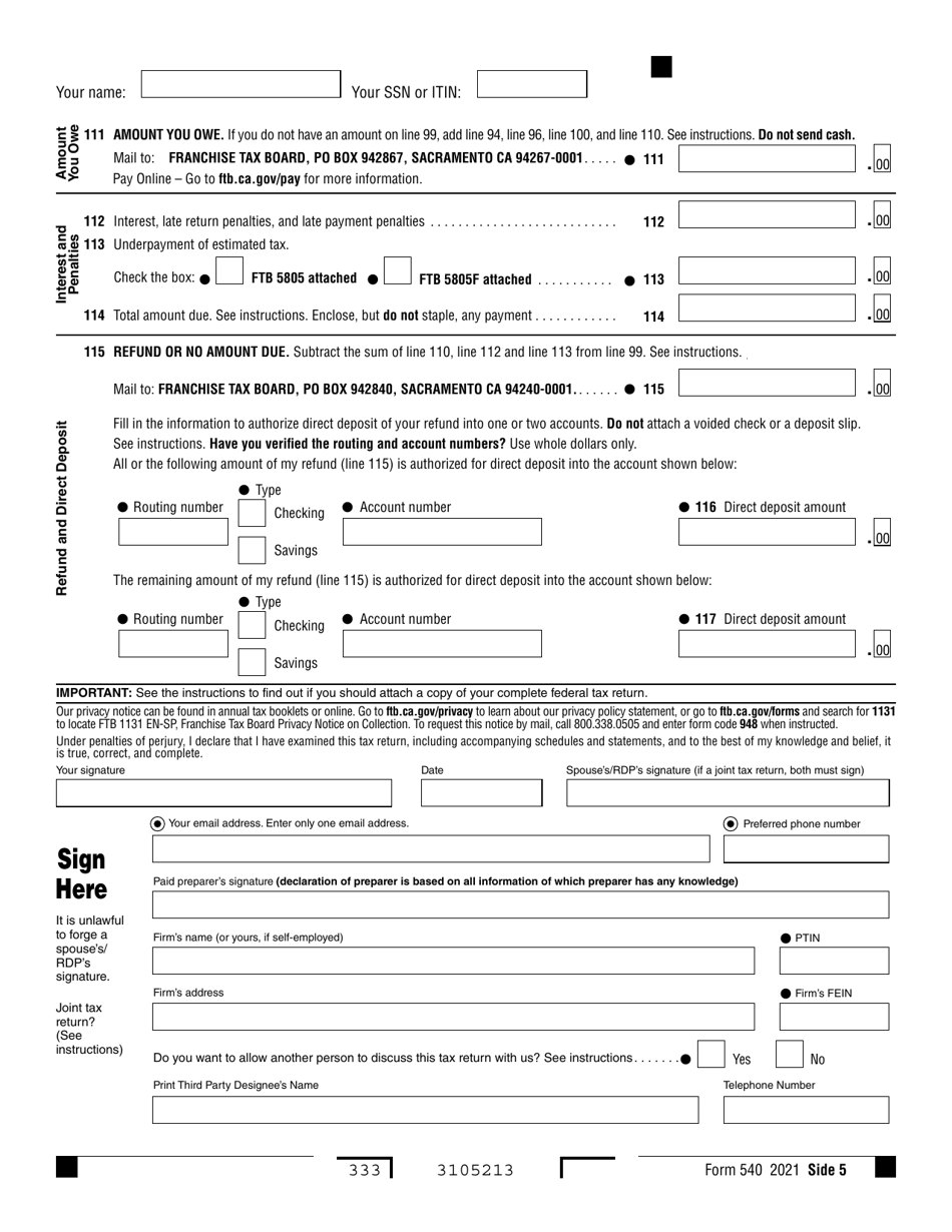 Form 540 California Resident Income Tax Return - California, Page 5