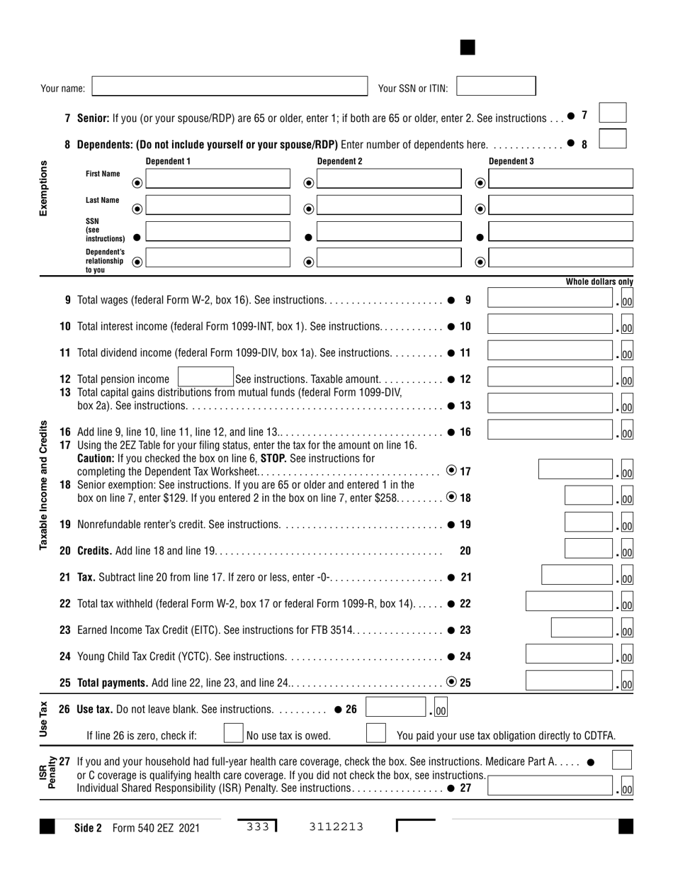 Form 540 2EZ California Resident Income Tax Return - California, Page 2