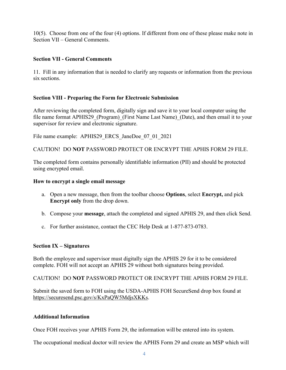 Instructions for APHIS Form 29 Occupational Exposures - Occupational Medical Monitoring Program, Page 4