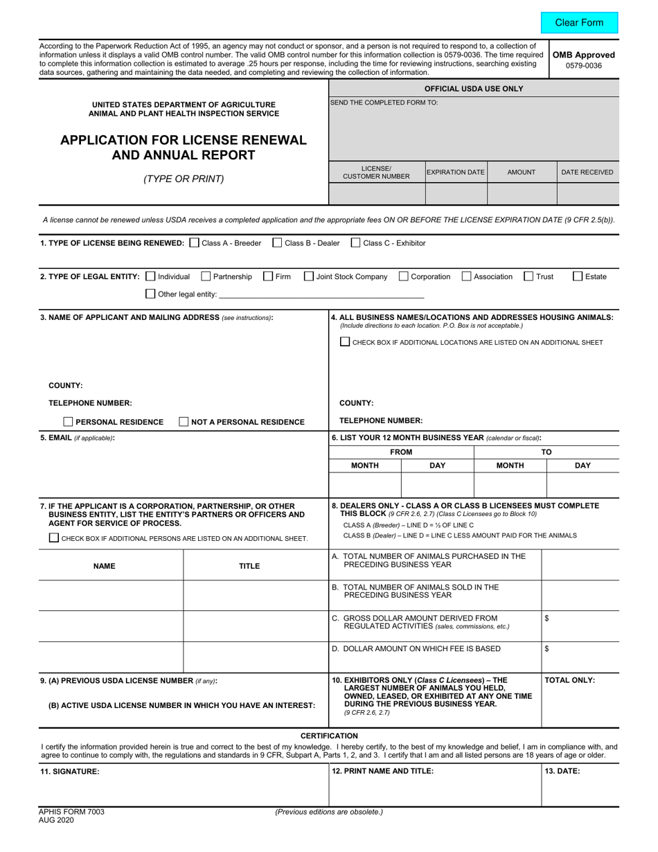 APHIS Form 7003 Application for License Renewal and Annual Report, Page 1
