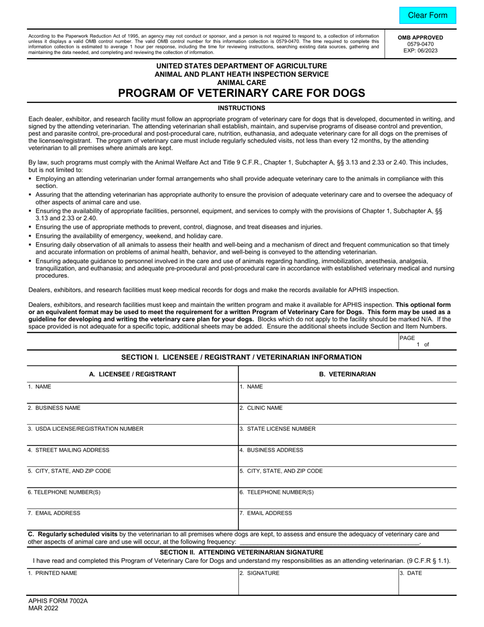 APHIS Form 7002A Animal Care - Program of Veterinary Care for Dogs, Page 1