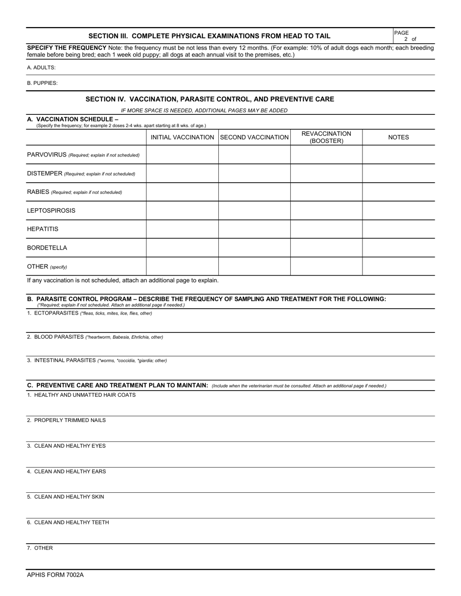APHIS Form 7002A Animal Care - Program of Veterinary Care for Dogs, Page 2