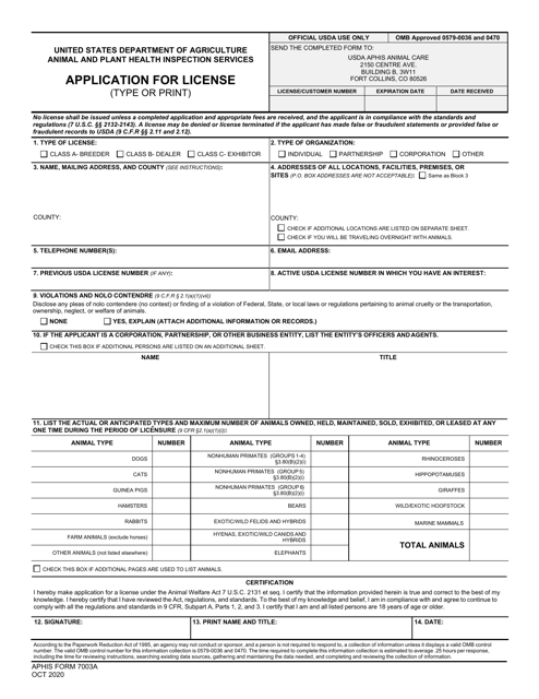APHIS Form 7003A Application for License - Animal Care