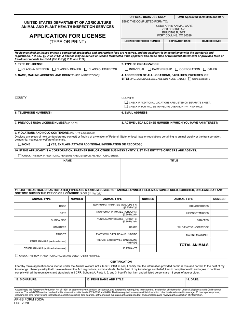 APHIS Form 7003A Application for License - Animal Care, Page 1