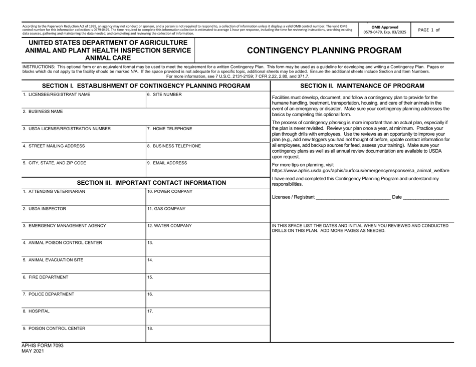 APHIS Form 7093 Contingency Planning Program Application, Page 1