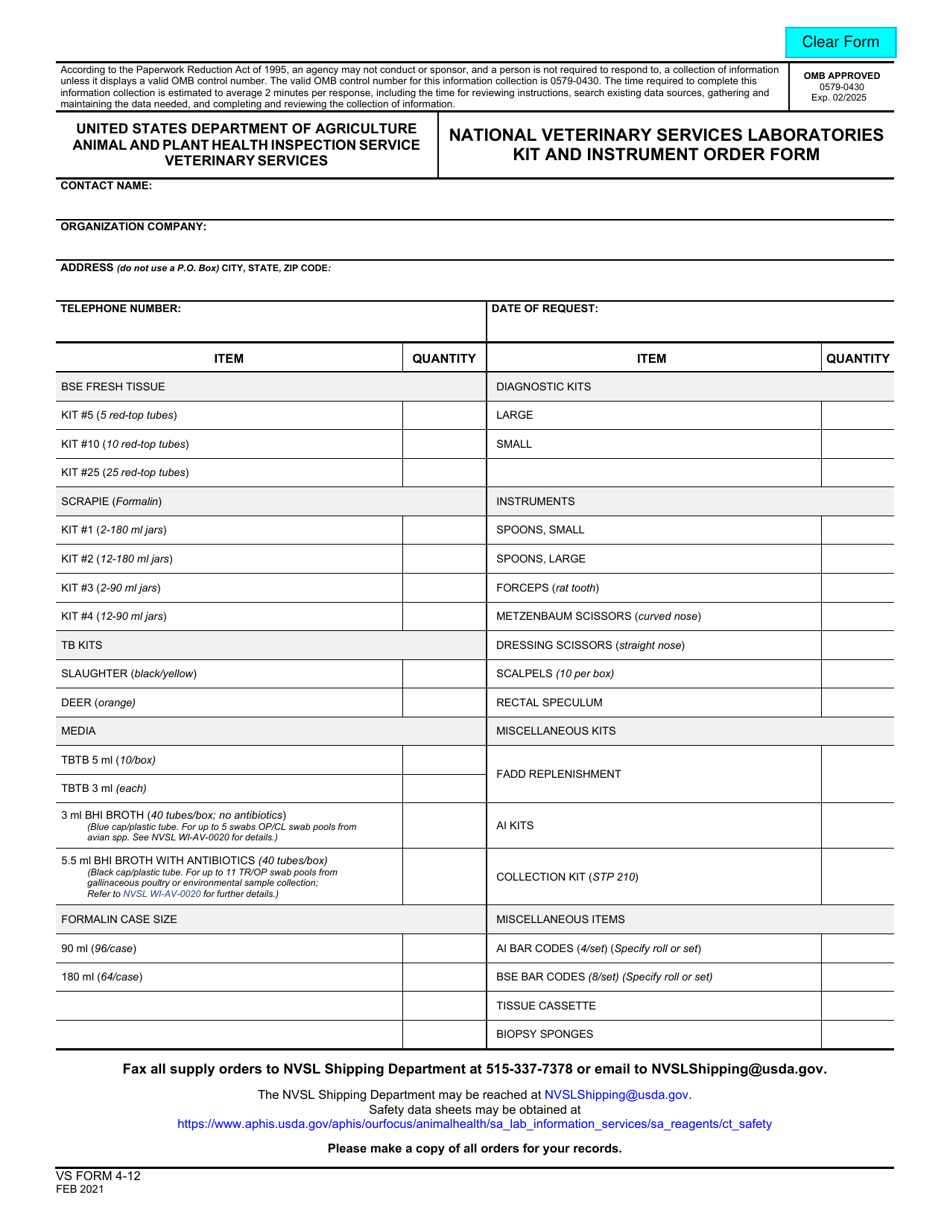 VS Form 4-12 National Veterinary Services Laboratories Kit and Instrument Order Form, Page 1