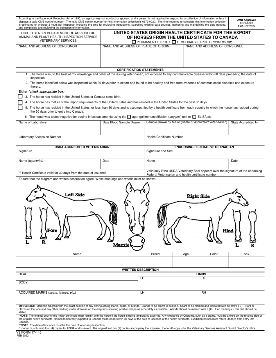 VS Form 17-145 United States Origin Health Certificate for the Export of Horses From the United States to Canada, Page 1