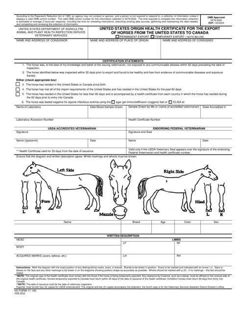 VS Form 17-145 United States Origin Health Certificate for the Export of Horses From the United States to Canada