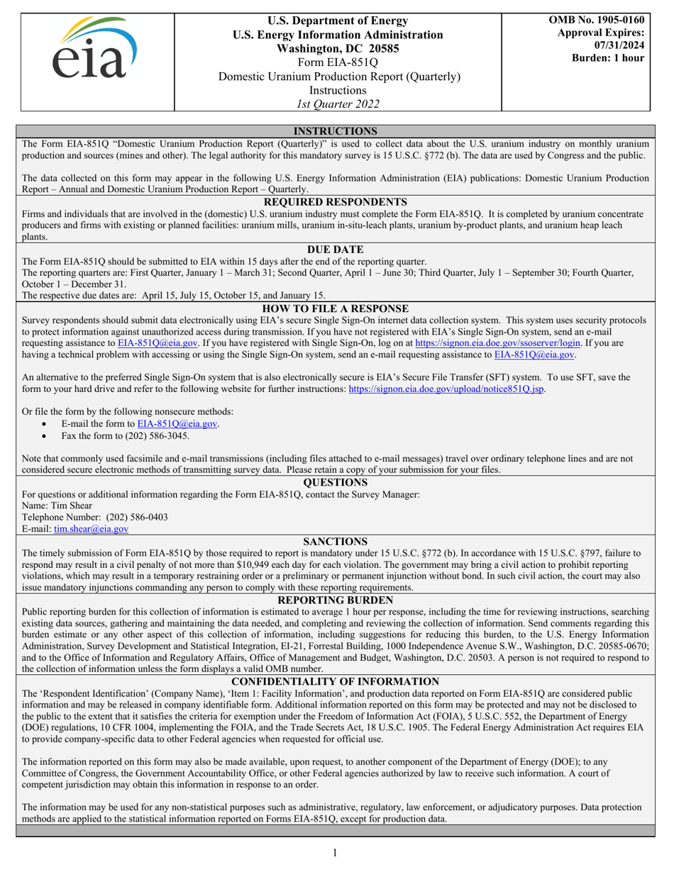 Instructions for Form EIA-851Q Domestic Uranium Production Report (Quarterly) - 1st Quarter, Page 1