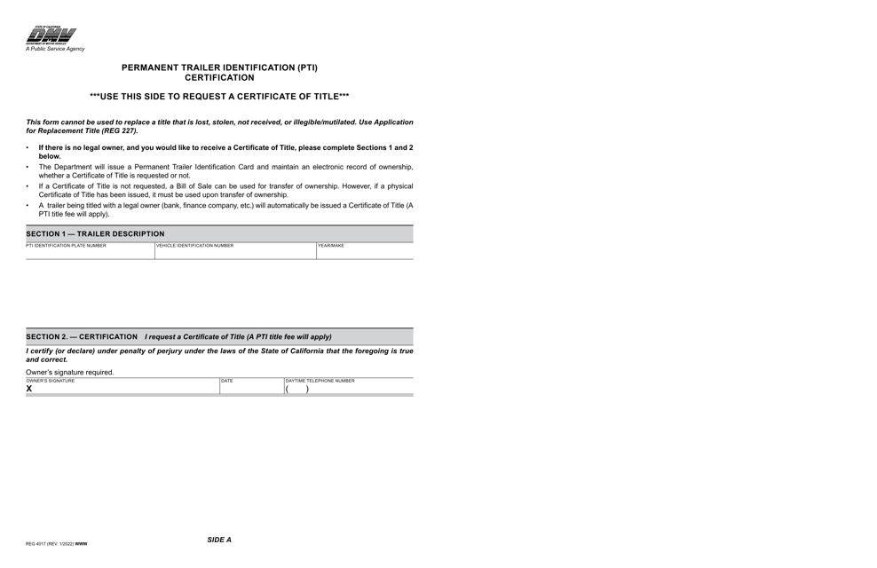 Form REG4017 Permanent Trailer Identification (Pti) Certification - California