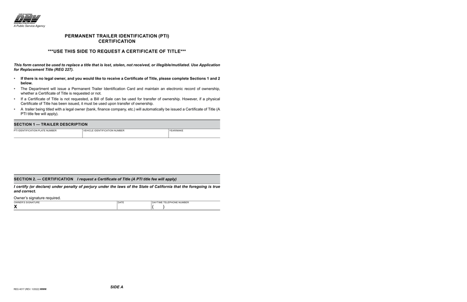 Form REG4017 Permanent Trailer Identification (Pti) Certification - California, Page 1