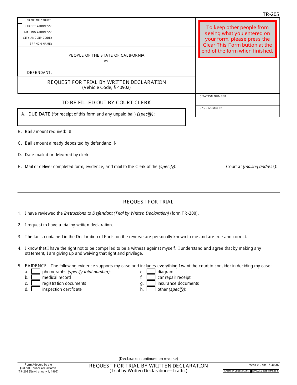 Form TR-29 Download Fillable PDF or Fill Online Request for Trial