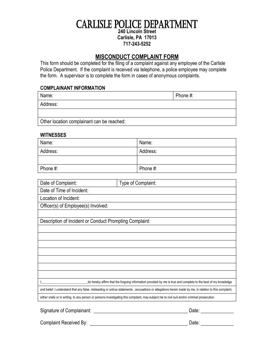 Misconduct Complaint Form - Carlisle, Pennsylvania, Page 1