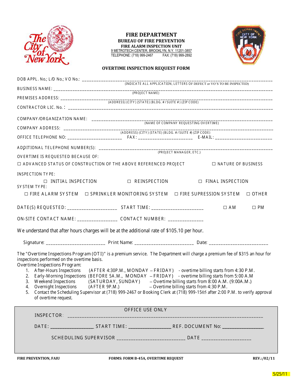 Form B-45A Overtime Inspection Request Form - New York City, Page 1