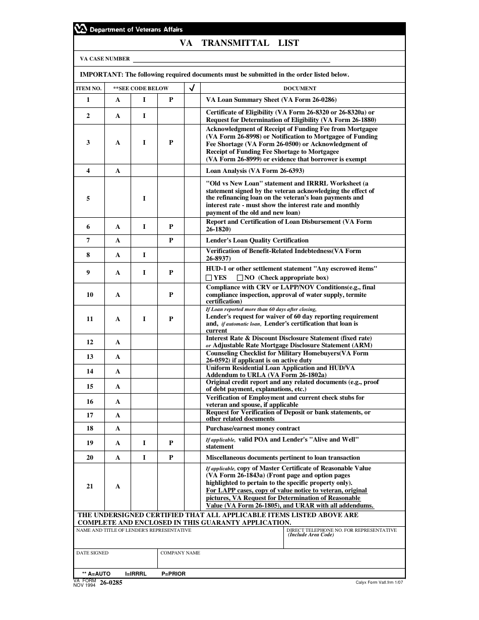 VA Form 26-0285 VA Transmittal List, Page 1